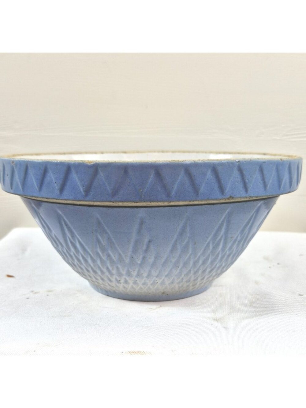Vintage Blue Stoneware Mixing Bowl Crown Mark Embossed Pottery 8 in